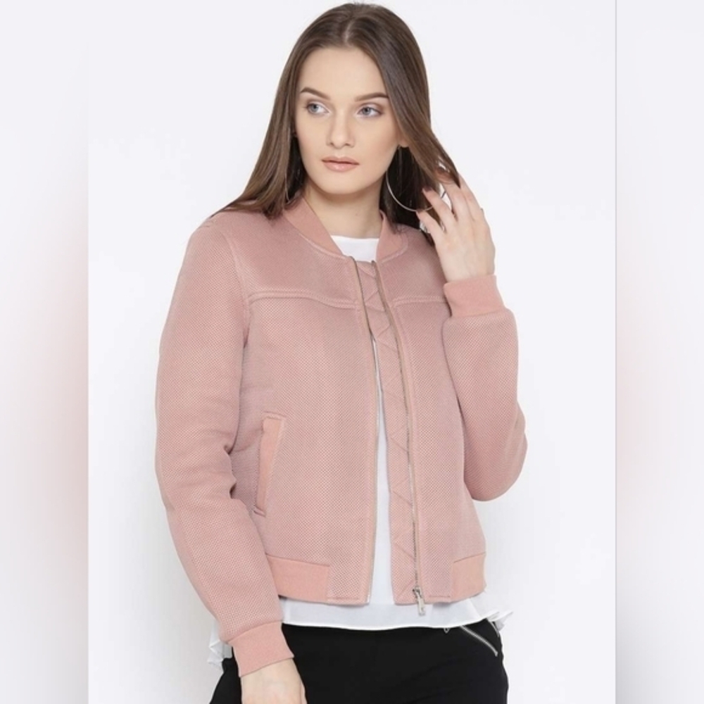 Forever 21 Women Dusty Pink Solid Mesh Bomber Jacket